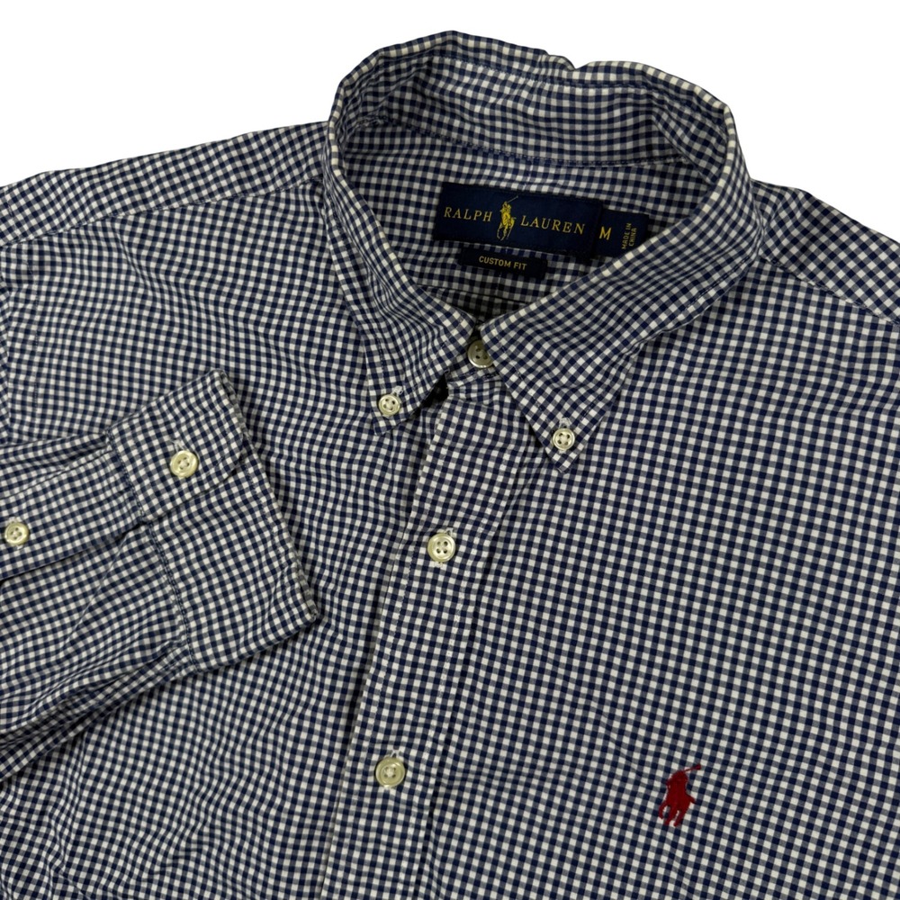 Ralph Lauren Button Down Mens M Blue Gingham Custom Fit Long Sleeve Pony Logo